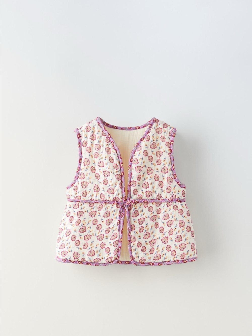 Zara Quilted Floral Tie-Front Vest in Pink and Cream